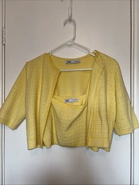 Zara Cropped Yellow Tweed Short Sleeve Cardigan & Tank Set